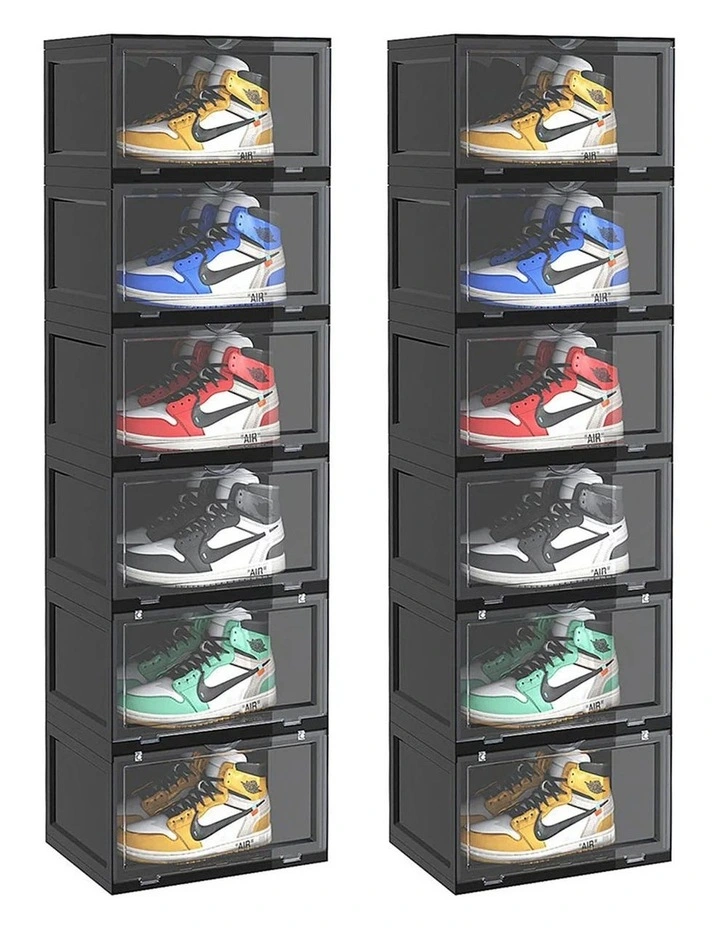 SOGA 2X 6 Tier Black Stackable Shoe Storage Box with Magnetic Door image 1