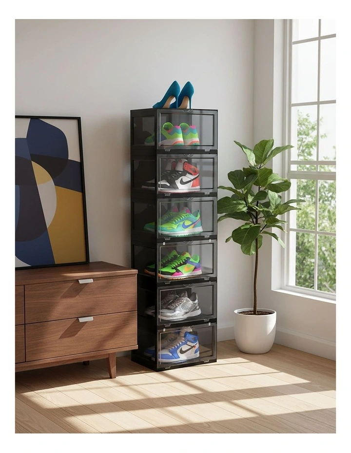 SOGA 2X 6 Tier Black Stackable Shoe Storage Box with Magnetic Door image 2