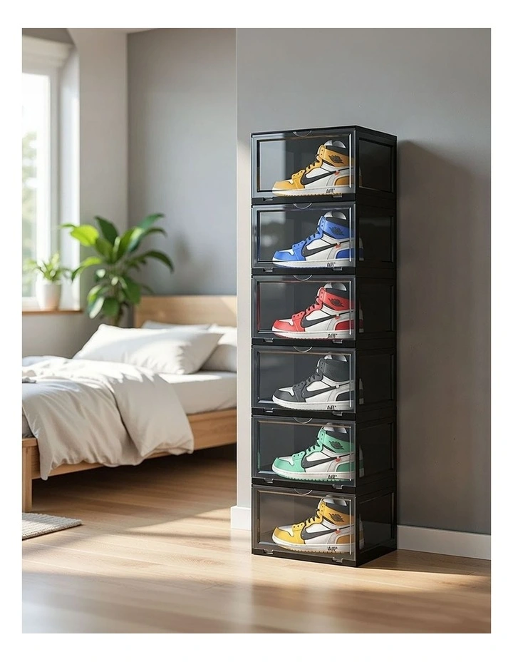 SOGA 2X 6 Tier Black Stackable Shoe Storage Box with Magnetic Door image 4