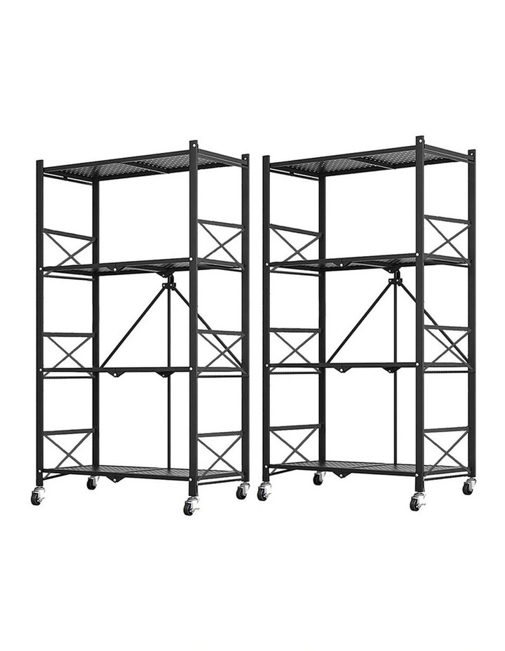 SOGA 2 Pack 4-Tier Foldable Storage Racks with Wheels - Black image 1