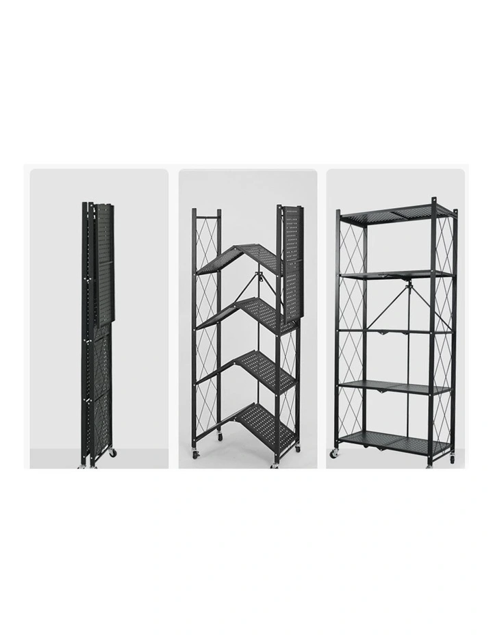 SOGA 5-Tier Foldable Storage Rack with Wheels - Black image 4