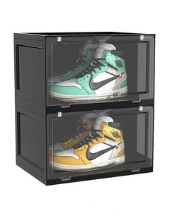 SOGA 2 Tier Black Stackable Shoe Storage Box with Magnetic Door Organizer