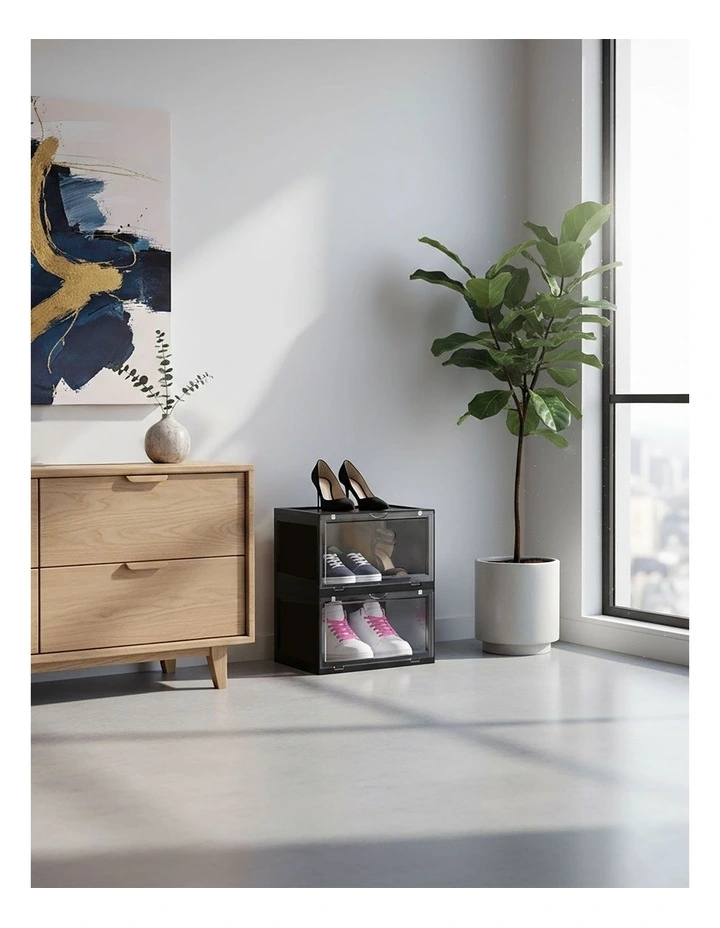 SOGA 2 Tier Black Stackable Shoe Storage Box with Magnetic Door Organizer image 2