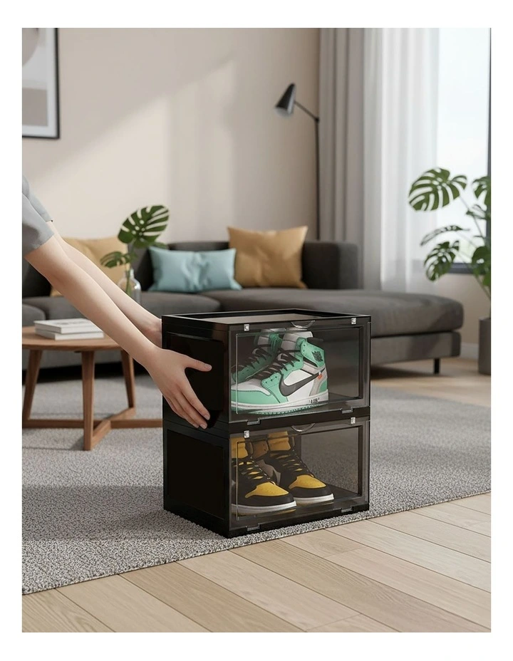 SOGA 2 Tier Black Stackable Shoe Storage Box with Magnetic Door Organizer image 6