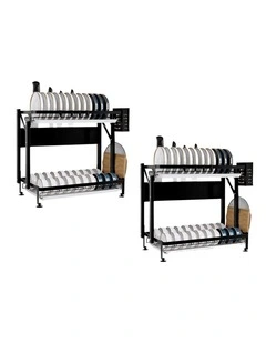 SOGA 2X 2 Tier Steel Kitchen Dish Drying Rack with Cutlery Holder Black