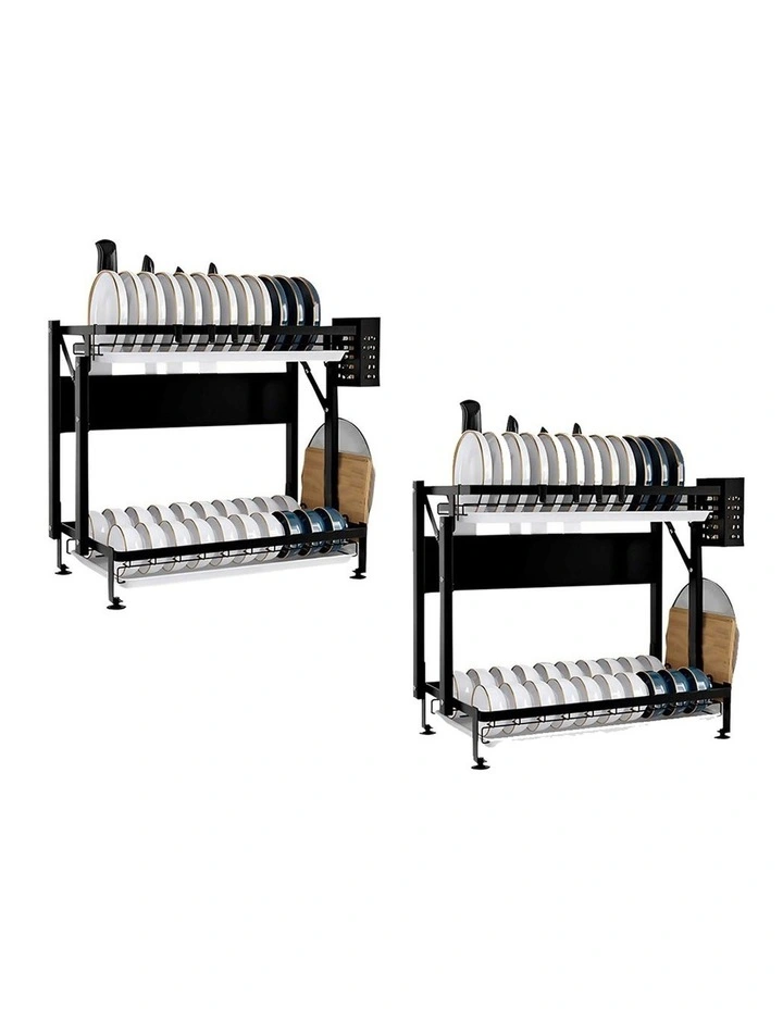 SOGA 2X 2 Tier Steel Kitchen Dish Drying Rack with Cutlery Holder Black image 1