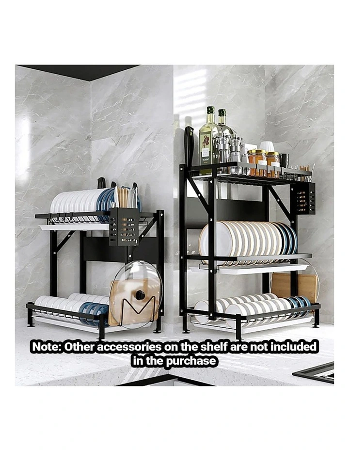 SOGA 2X 2 Tier Steel Kitchen Dish Drying Rack with Cutlery Holder Black image 2
