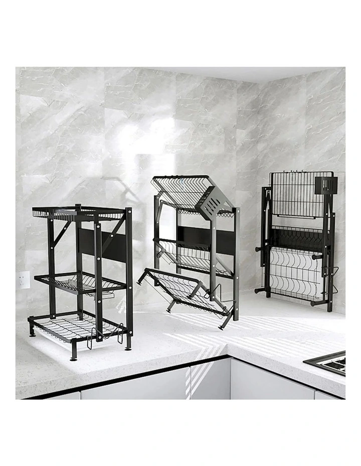 SOGA 2X 2 Tier Steel Kitchen Dish Drying Rack with Cutlery Holder Black image 3
