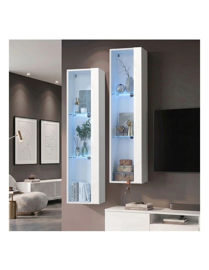 Oikiture 2PCS LED Display Cabinet Wall Mounted Storage Cupboard Cabinet White image 4