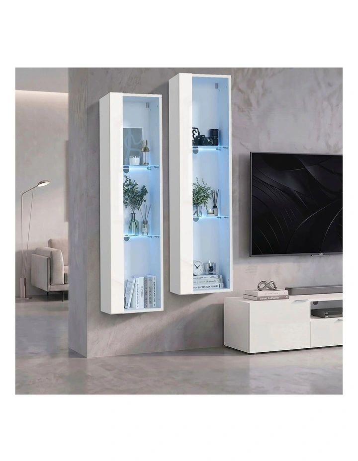 Oikiture 2PCS LED Display Cabinet Wall Mounted Storage Cupboard Cabinet White image 5