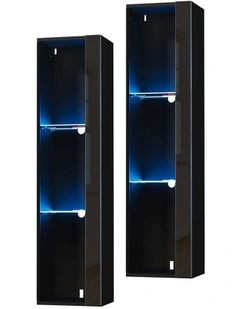Oikiture 2PCS LED Display Cabinet Wall Mounted Storage Cupboard Cabinet Black