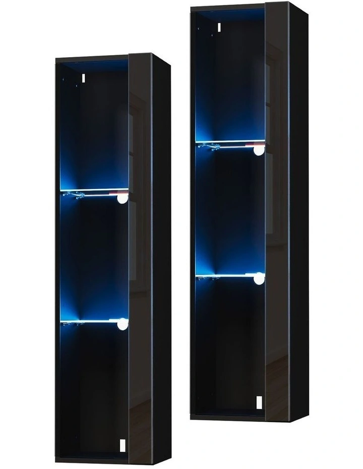 Oikiture 2PCS LED Display Cabinet Wall Mounted Storage Cupboard Cabinet Black image 1