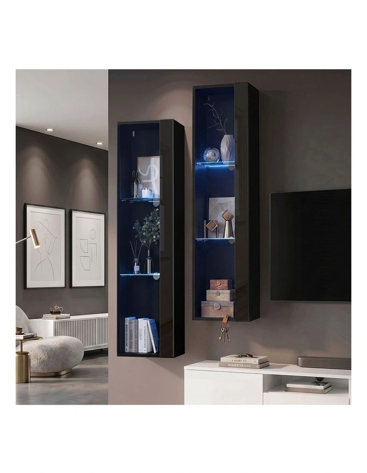 Oikiture 2PCS LED Display Cabinet Wall Mounted Storage Cupboard Cabinet Black image 4