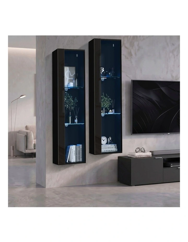 Oikiture 2PCS LED Display Cabinet Wall Mounted Storage Cupboard Cabinet Black image 5