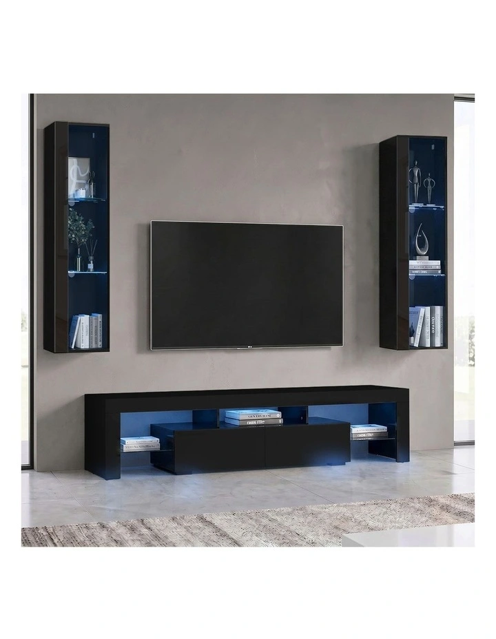 Oikiture 2PCS LED Display Cabinet Wall Mounted Storage Cupboard Cabinet Black image 7
