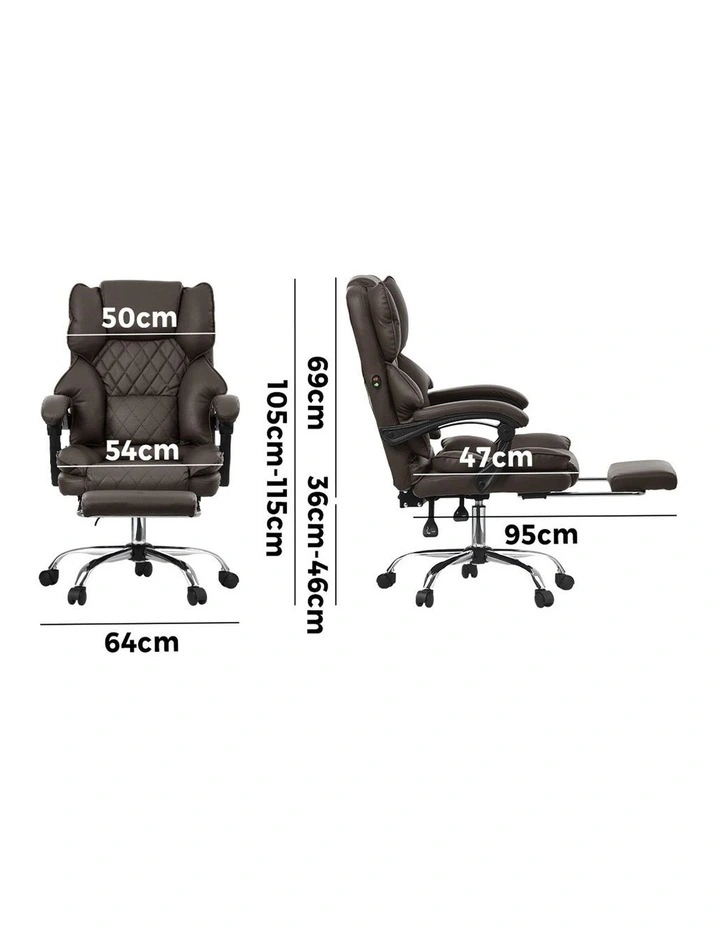 Oikiture Massage Office Chair PU Leather Footrest Chocolate image 3