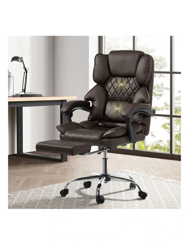 Oikiture Massage Office Chair PU Leather Footrest Chocolate image 4