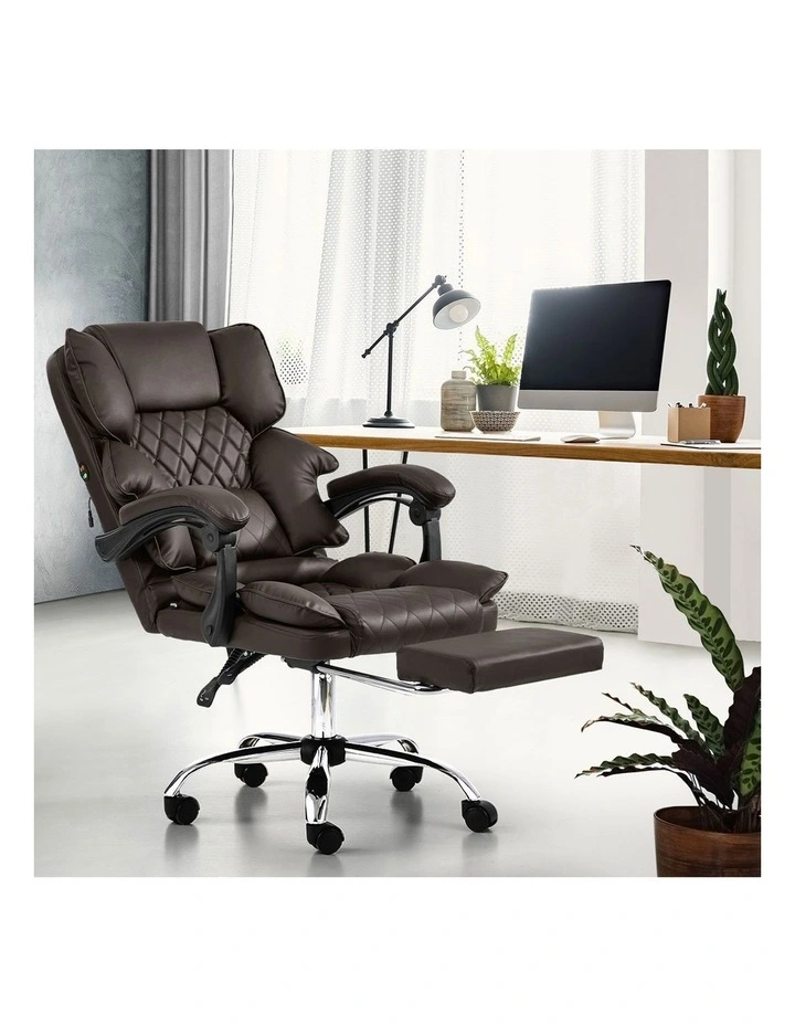 Oikiture Massage Office Chair PU Leather Footrest Chocolate image 5