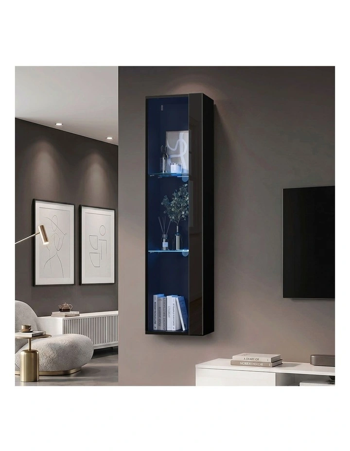 Oikiture Wall Mounted Display Cabinet Cupboard LED Light Black image 4