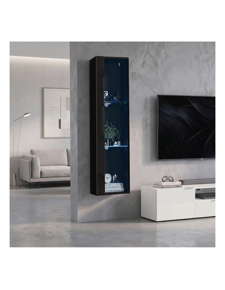 Oikiture Wall Mounted Display Cabinet Cupboard LED Light Black image 5