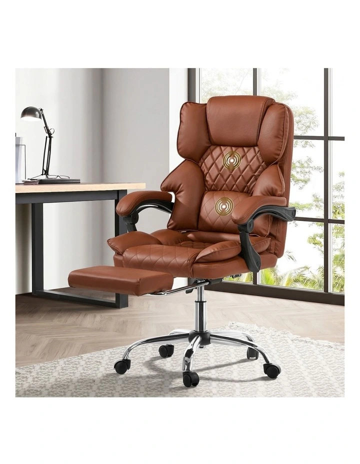 Oikiture Massage Office Chair PU Leather Footrest Dark Brown image 4