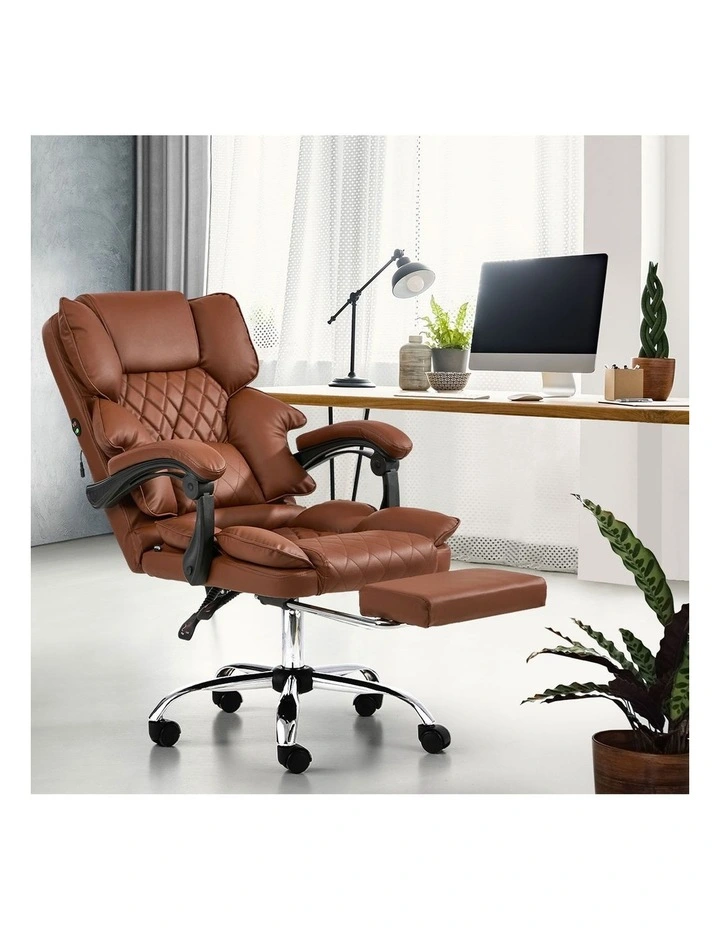 Oikiture Massage Office Chair PU Leather Footrest Dark Brown image 5
