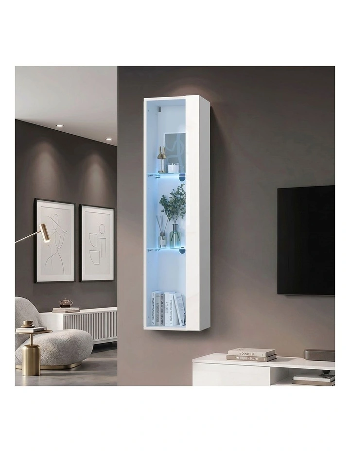 Oikiture Wall Mounted Display Cabinet Cupboard LED Light White image 4