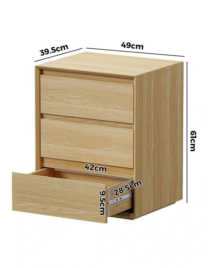 Oikiture Bedside Table 3 Drawers Nightstand Handle-Free Natural image 3