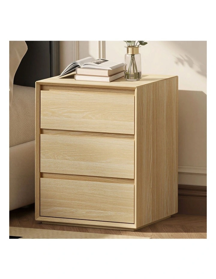 Oikiture Bedside Table 3 Drawers Nightstand Handle-Free Natural image 4