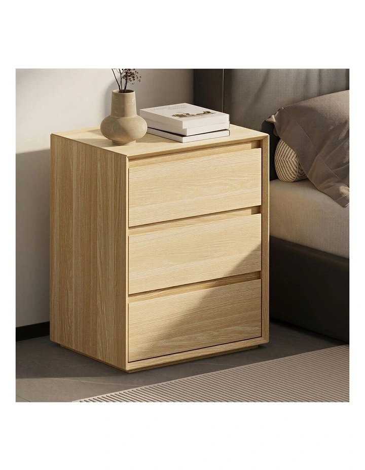 Oikiture Bedside Table 3 Drawers Nightstand Handle-Free Natural image 5