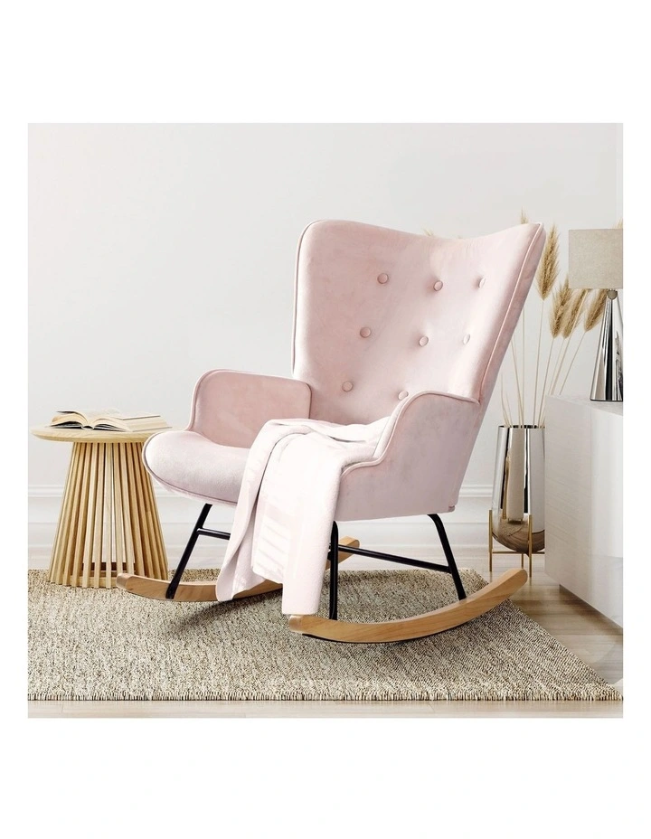 Oikiture Rocking Chair Nursing Armchair Velvet Accent Chairs Upholstered Pink image 7