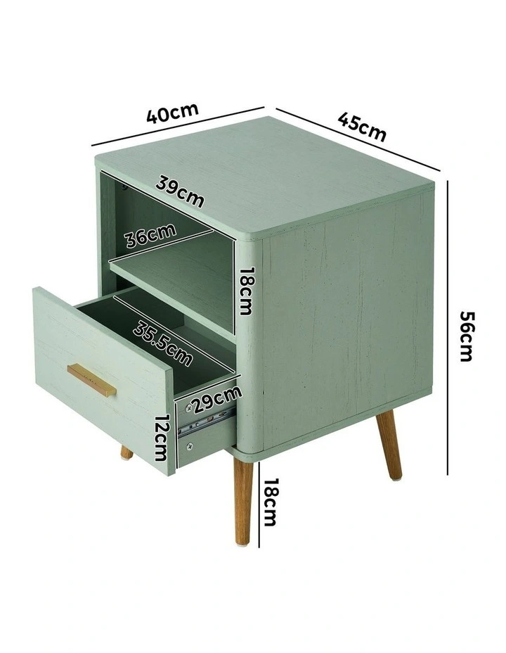 Oikiture Bedside Table Drawer Open Shelf Nightstand Green image 3