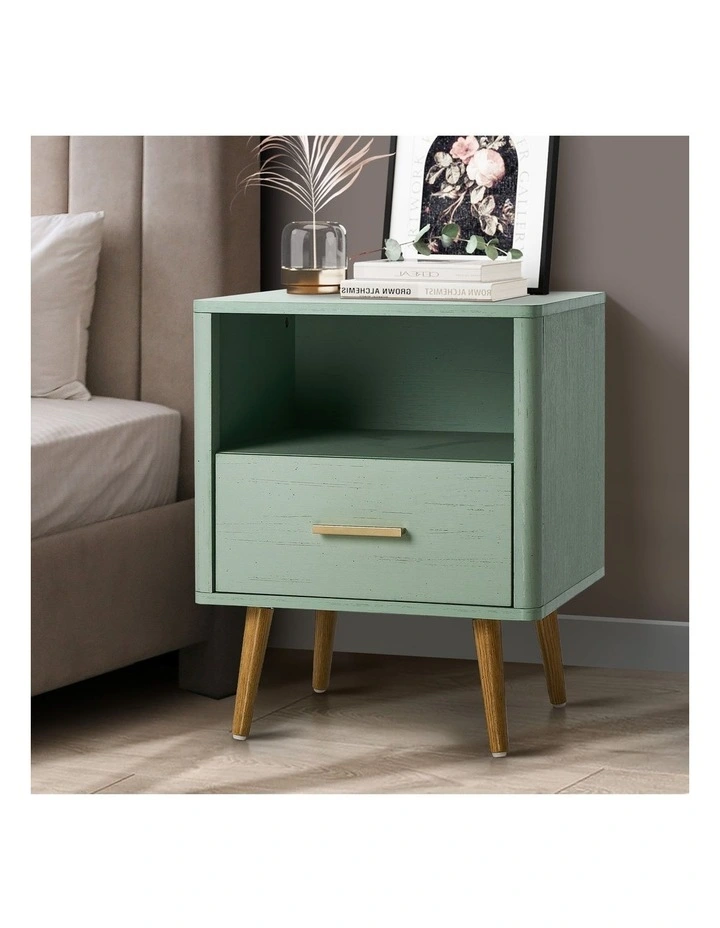 Oikiture Bedside Table Drawer Open Shelf Nightstand Green image 4