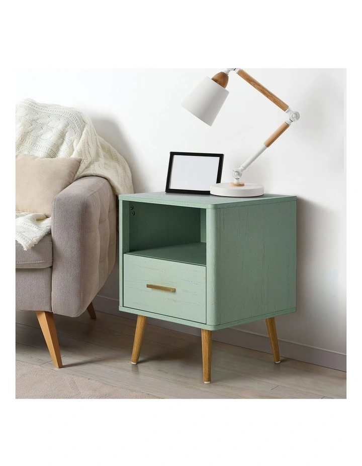Oikiture Bedside Table Drawer Open Shelf Nightstand Green image 5
