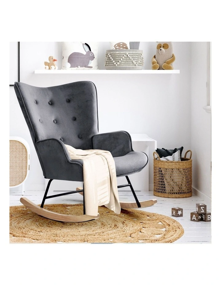 Oikiture Rocking Chair Nursing Armchair Velvet Accent Chairs Upholstered Grey image 5