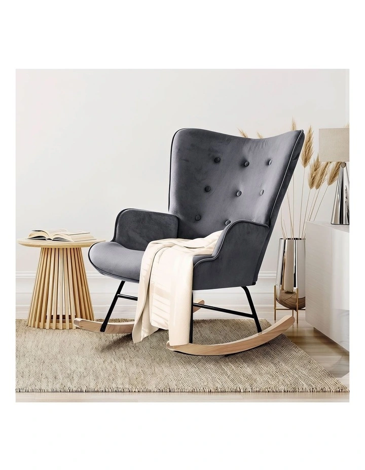 Oikiture Rocking Chair Nursing Armchair Velvet Accent Chairs Upholstered Grey image 7
