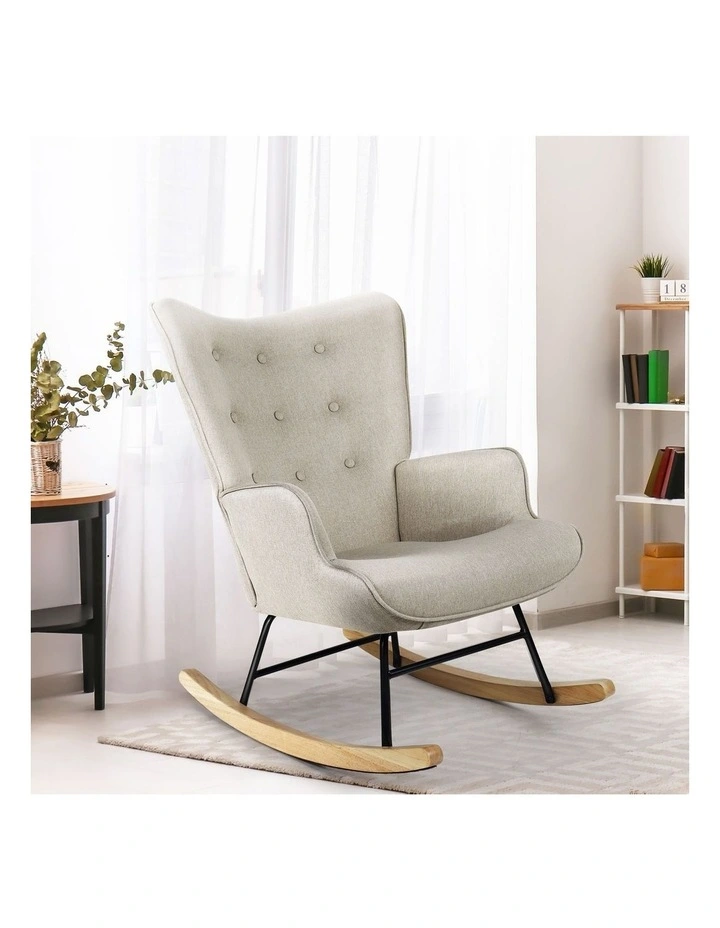 Oikiture Rocking Chair Nursing Armchair Linen Accent Chairs Upholstered Beige image 4
