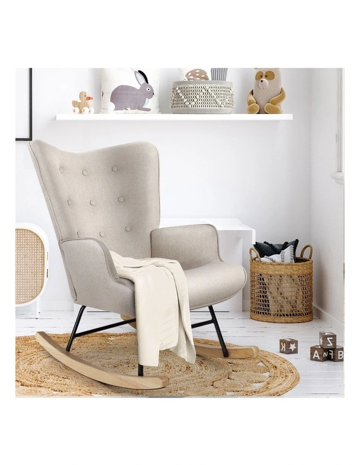 Oikiture Rocking Chair Nursing Armchair Linen Accent Chairs Upholstered Beige image 5