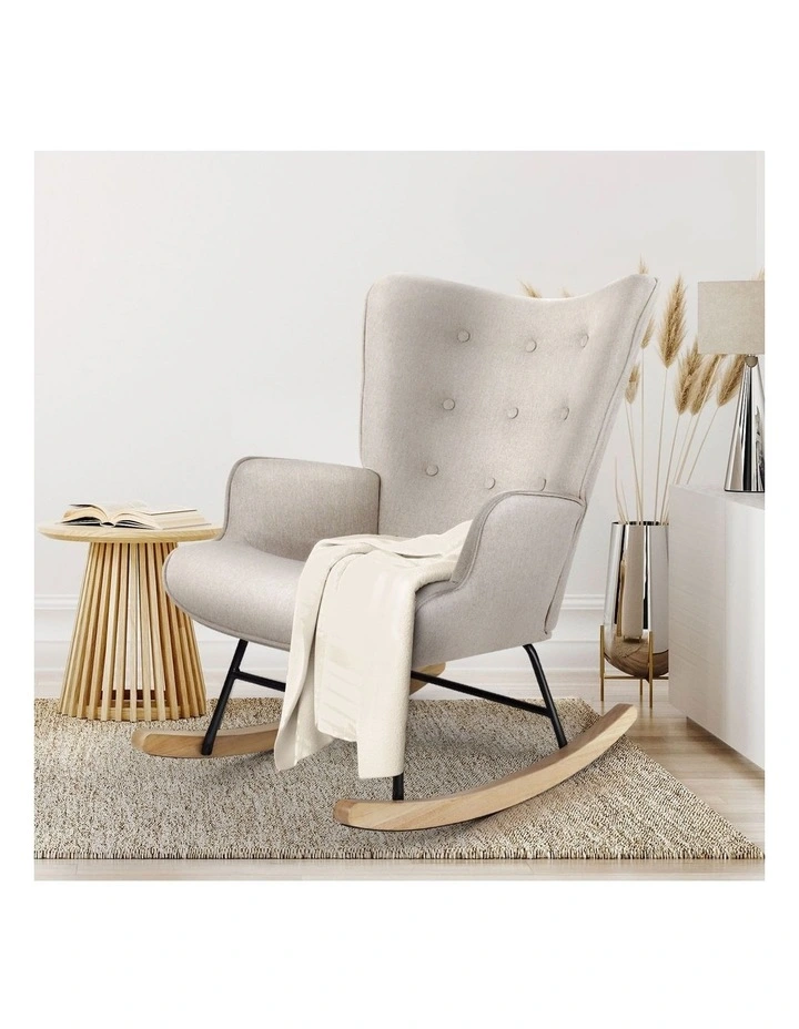 Oikiture Rocking Chair Nursing Armchair Linen Accent Chairs Upholstered Beige image 7