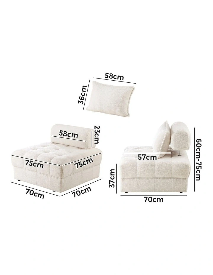 Oikiture 1 Seater Boucle Modular Sofa Lounge Chair Armless TOFU Back White image 3