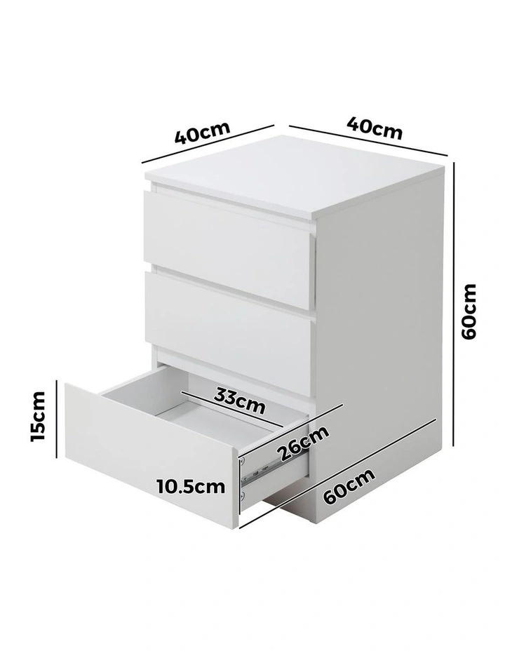 Oikiture Bedside Table 3 Drawers Side Tables Storage Nightstand White image 3