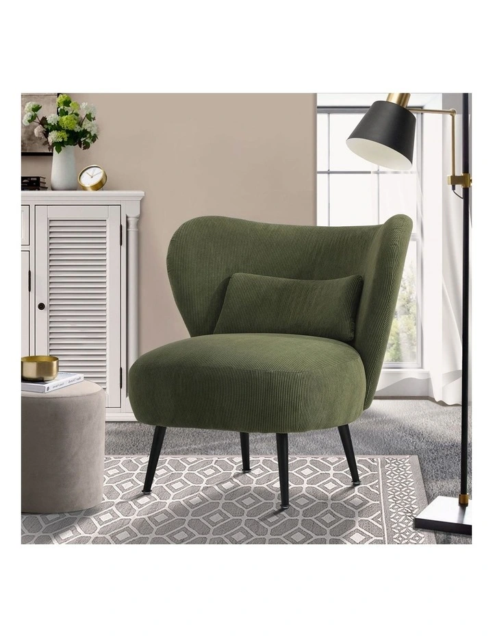 Oikiture Armchair Lounge Chair with Lumbar Pillow Wingback Velvet Green image 4