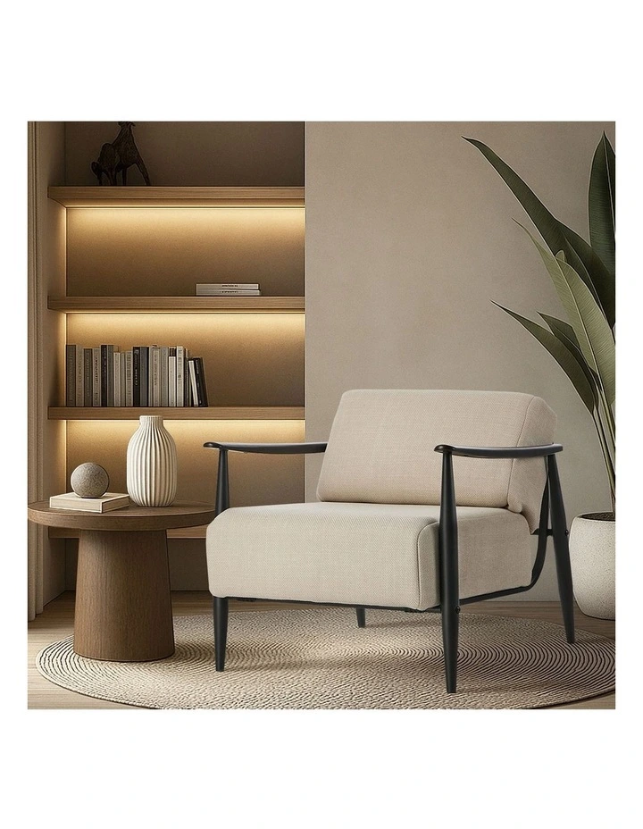 Oikiture Wooden Armchair Lounge Sofa Chair Fabric Accent Armchairs Beige image 5