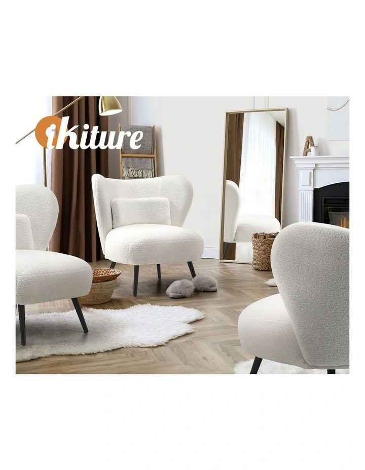 Oikiture Armchair Lounge Chair with Lumbar Pillow Wingback Boucle White image 6