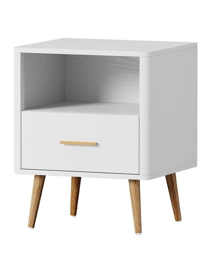 Oikiture Bedside Table Drawer Open Shelf Nightstand White image 1
