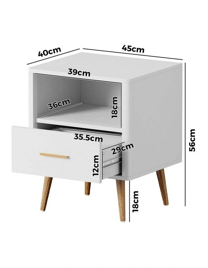 Oikiture Bedside Table Drawer Open Shelf Nightstand White image 3