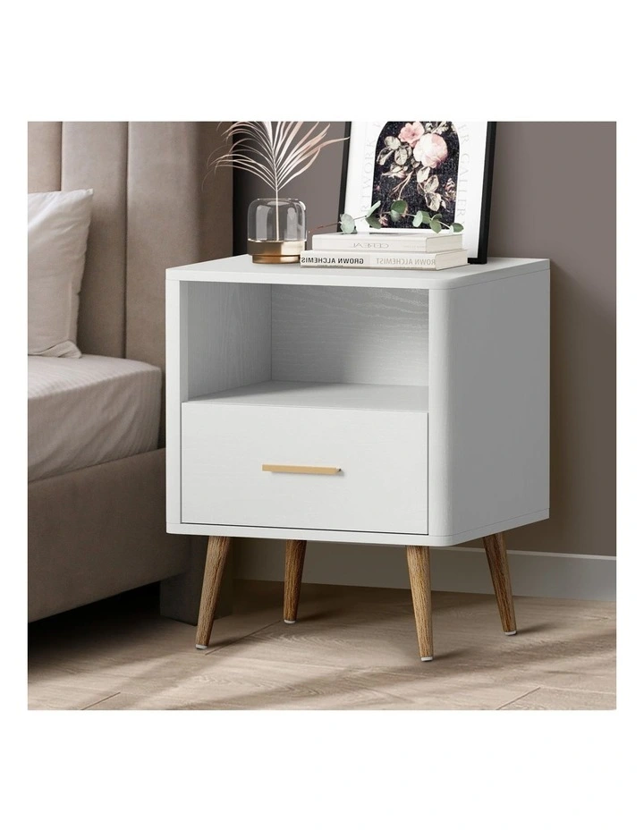 Oikiture Bedside Table Drawer Open Shelf Nightstand White image 4