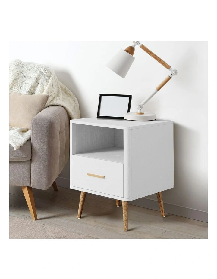 Oikiture Bedside Table Drawer Open Shelf Nightstand White image 5
