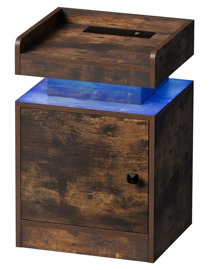 Oikiture Bedside Table LED Nightstand USB Charging Station Brown image 1