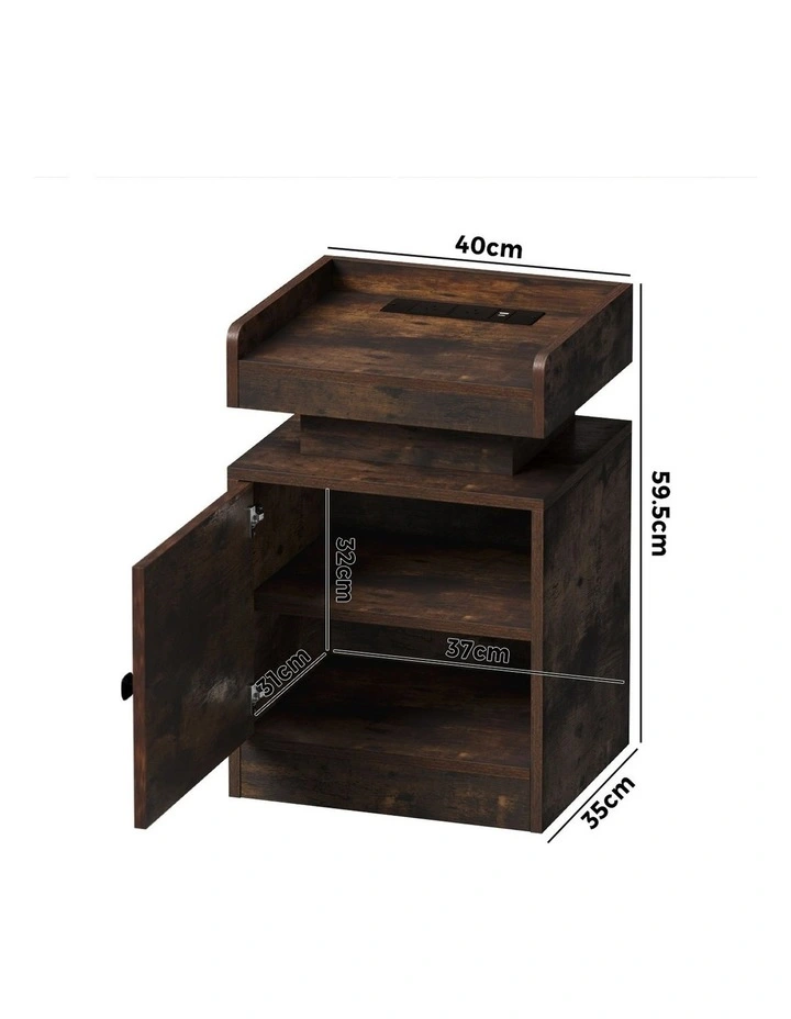 Oikiture Bedside Table LED Nightstand USB Charging Station Brown image 3